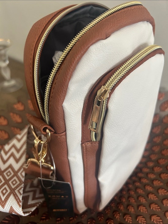 Handbags - White and Brown Crossbody Bag with Patterned Straps